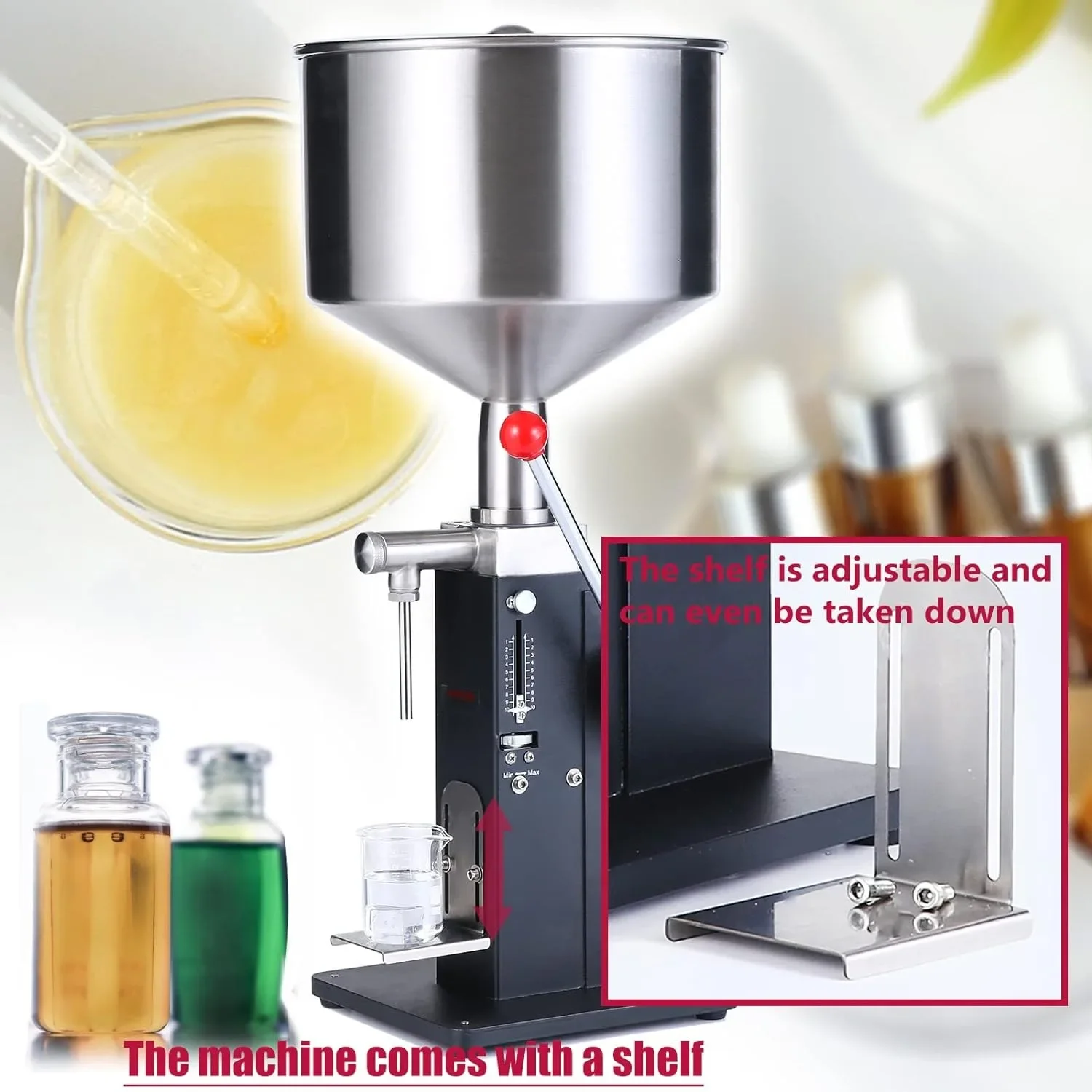 Manual Paste Liquid Filling Machine 5-50ml/5-110ml Adjustable Bottle Filling Machine with 10L Hopper for Filling Cosmetic/Drink