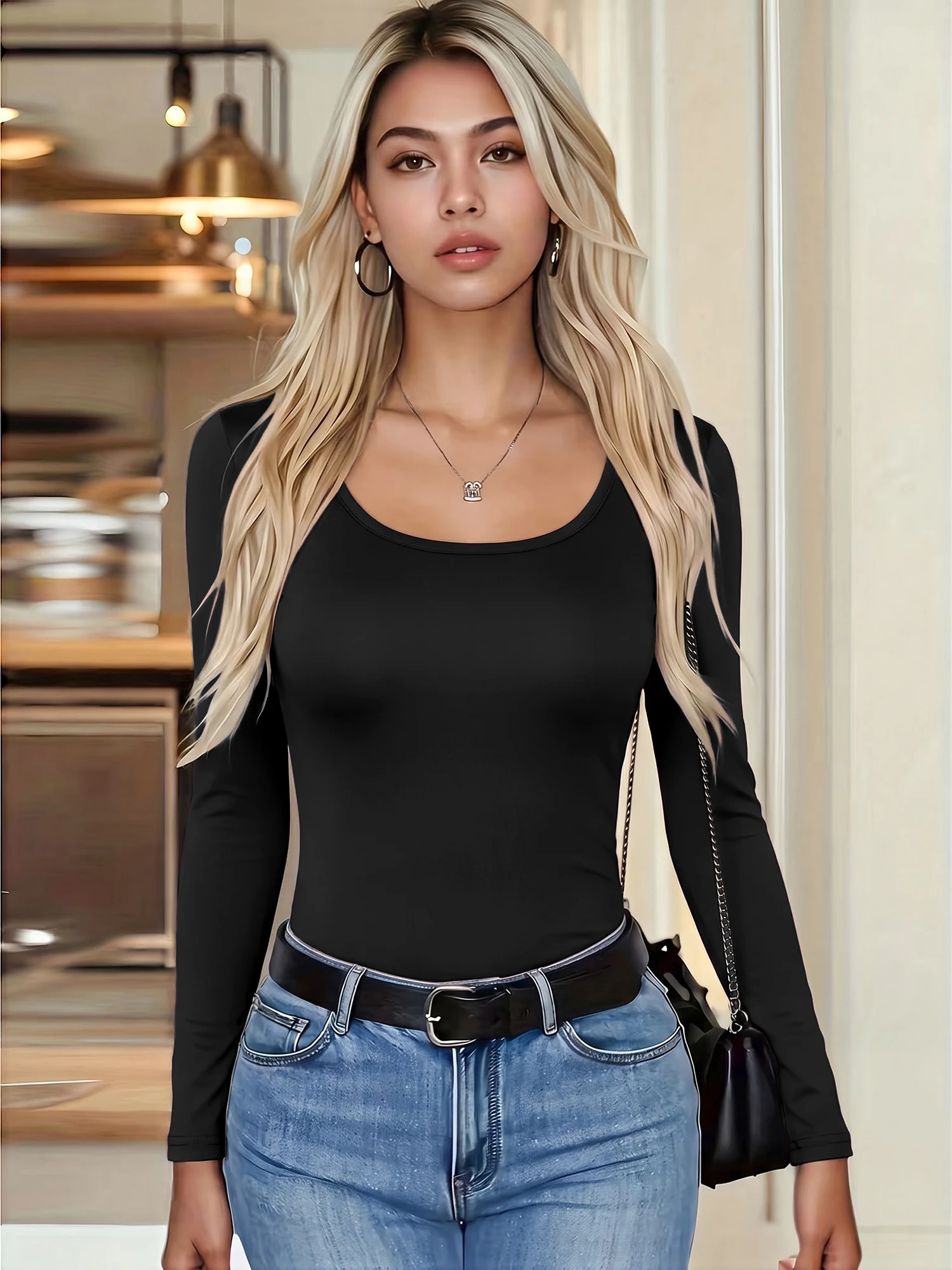 Women Low Cut U Neck Long Sleeve Bodycon Top Solid Simple Stretch Shirt Street Fashion Slim Crop Blouse