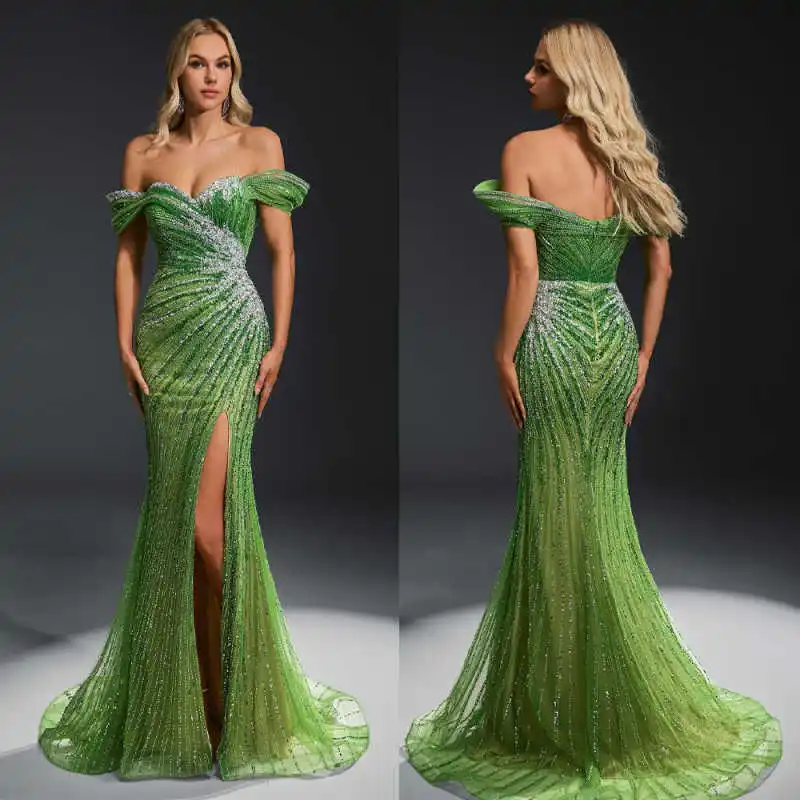 Vestido De graduación verde sirena lentejuelas brillantes fuera del hombro diseño especial Vestido De corte Vestido De graduación Vestido De noche personalizado