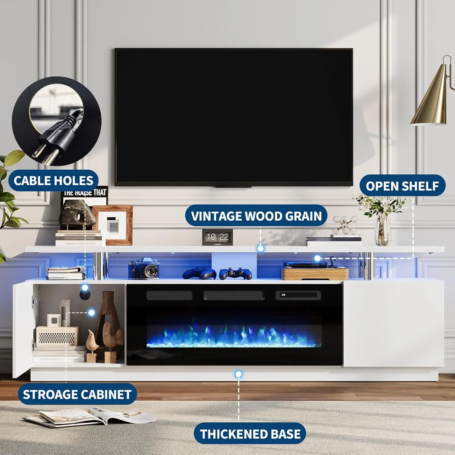 حامل تلفزيون مدفأة مقاس 70 بوصة مع سخان كهربائي وأضواء LED مقاس 36 بوصة - وحدة تحكم وسائط عالية اللمعان وخزائن تخزين تناسب أجهزة التلفاز حتى 80 بوصة