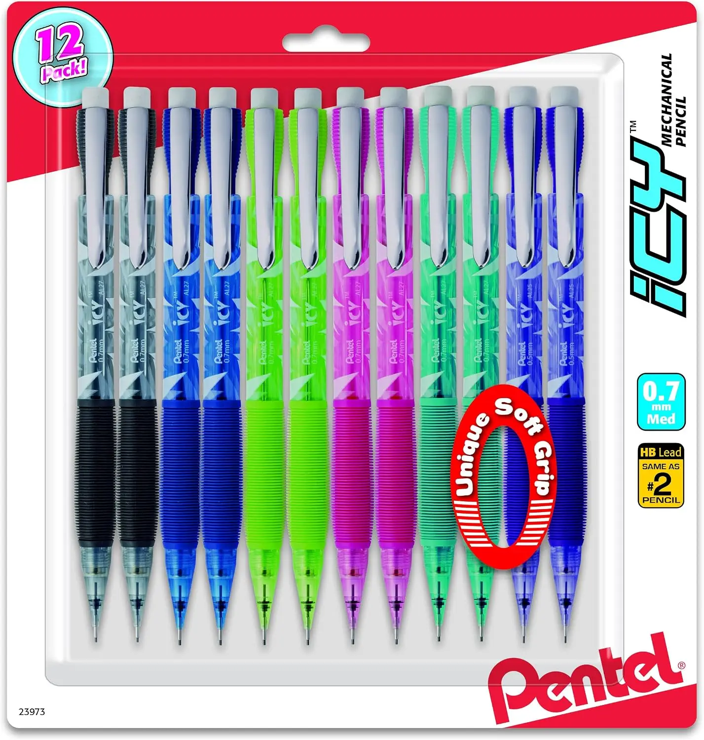 

Mechanical Pencil 0.7mm, 12 Pack, Assorted Colors, Soft Grip, Pre-loaded HB Lead