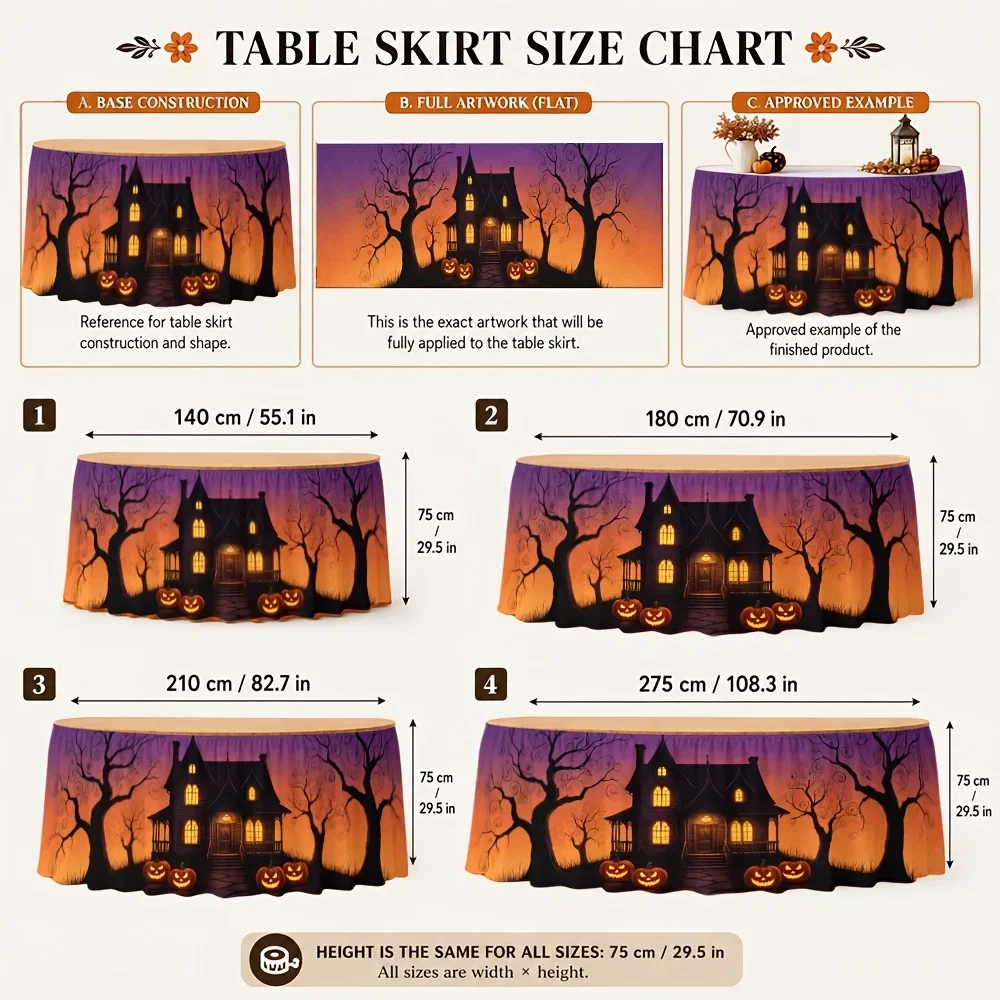 Halloween table skirt, printed design, featuring ghostly haunted houses and pumpkin trees, with a sunset glow effect