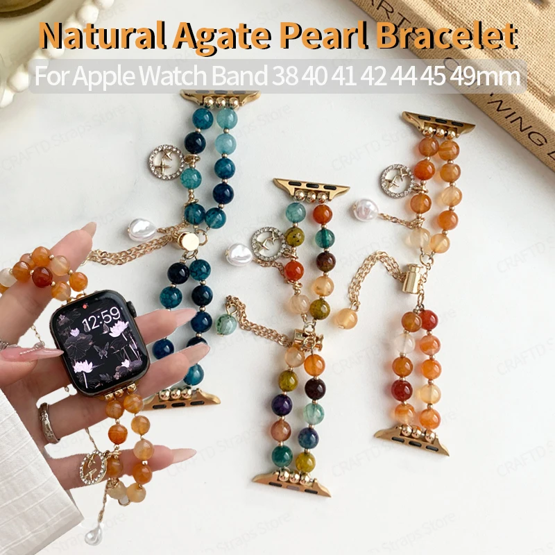 

Natural Agate Pearl Bracelet for Apple Watch Accessories Band 40mm 45mm 44 42 38 49 Women Bead Strap for Iwatch Series 9 8 7 6 5