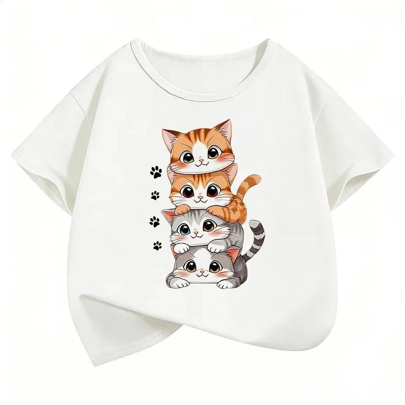 Cute Stacked Cats T-Shirt Women  Kawaii Animal Print Tee Summer Casual Loose Cotton Top Harajuku Streetwear Funny Cat Lover Gift