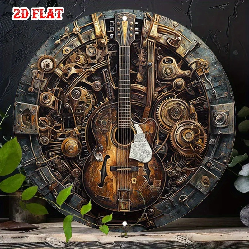 Steampunk Guitar Aluminum Wall Art 7.8 Inch Round Gear Metal Poster Frameless Indoor Decor for Living Room Music Studio