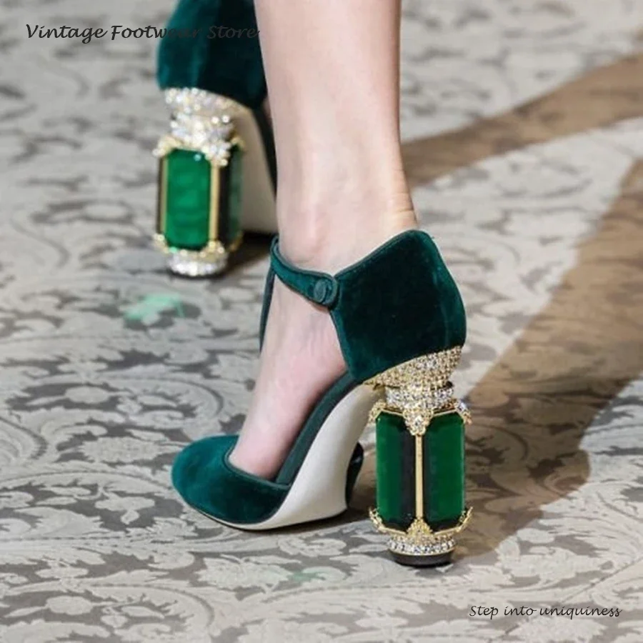 Vintage Velvet Crystal-Detailed Mary Jane Pumps Women's Pointed Toe Square Heel Shoes Spring Summer Fashion Buckle Strap Sandals