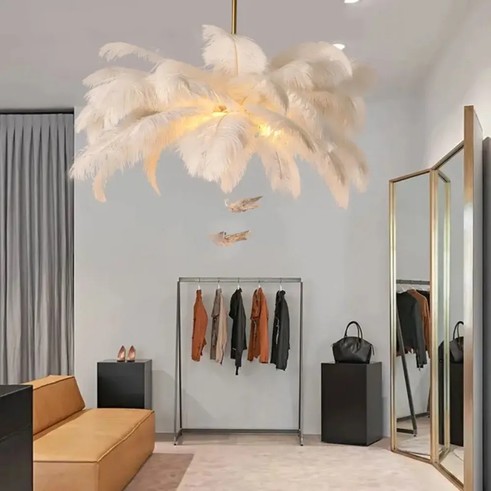 Nordic Ostrich Feather Pendant Lamp, Lâmpada de pena branca para sala de estar, Decoração do quarto das crianças, Iluminação interior