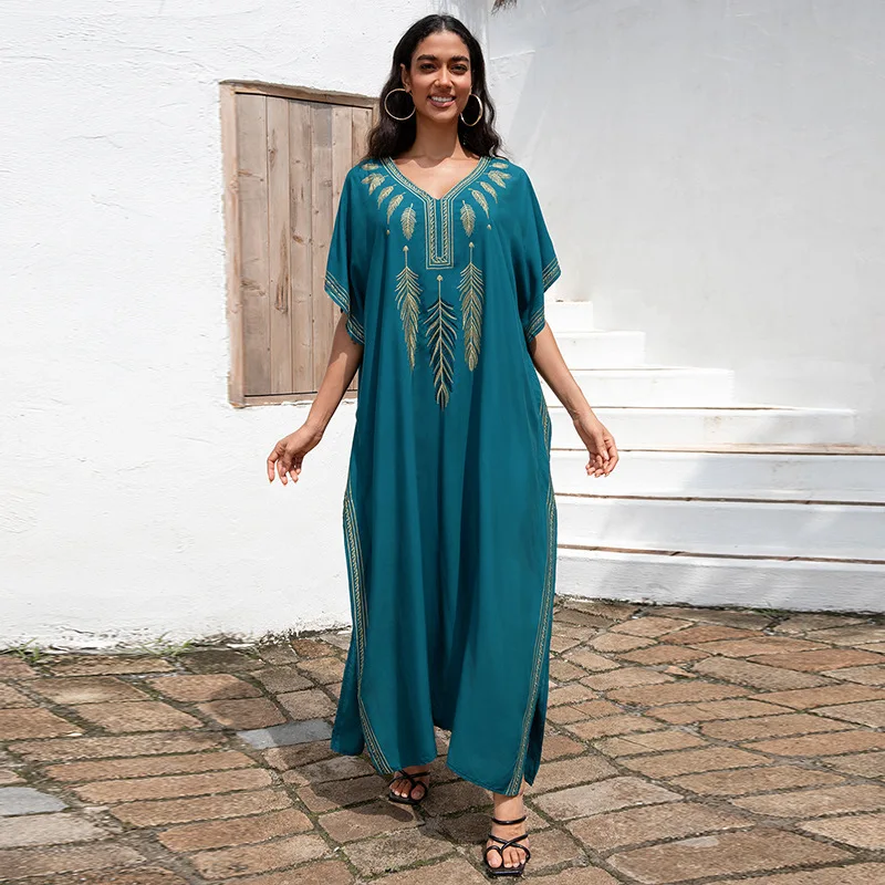 Stylish Blue Embroidered Beach Cover-up Loose Sun Protection Bikini Cover-up Swimsuit Beach Dress Beachwear