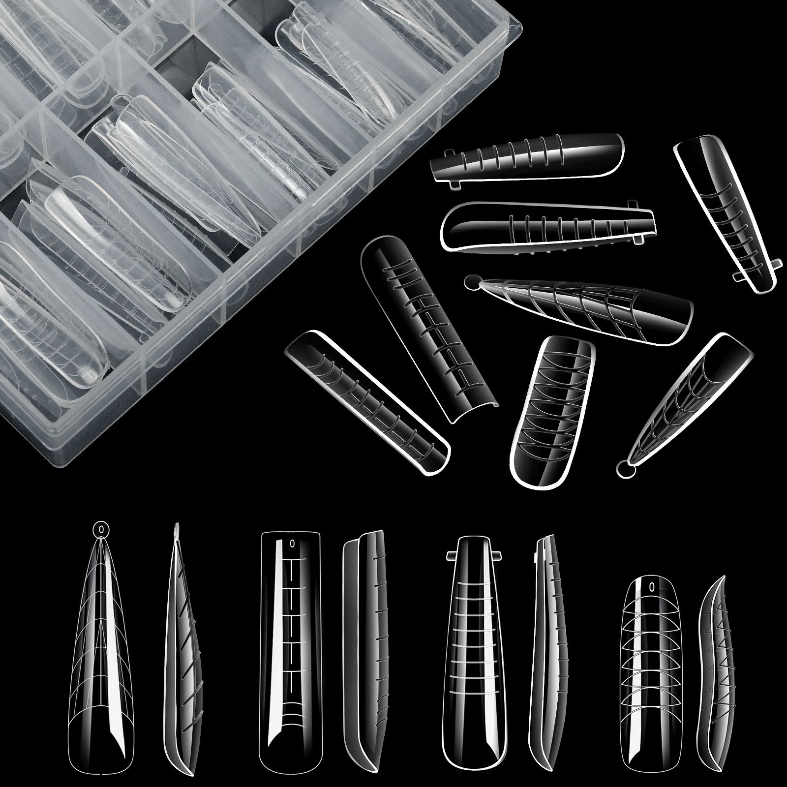96pcs Stiletto Coffin Clear Dual Forms False Tips Quick Building Gel Mold Nail Art Tools Full Cover Nail Extension Forms Top