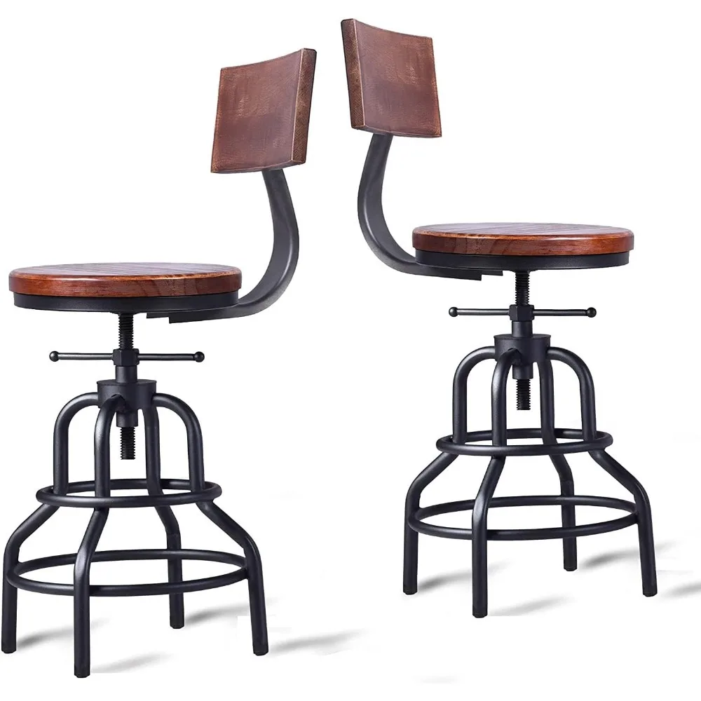 

Set of 2 Vintage Bar Stools with Wooden Backrest 20-27inch Counter Height Adjustable Kitchen Island Stool Industrial Swivel Cafe