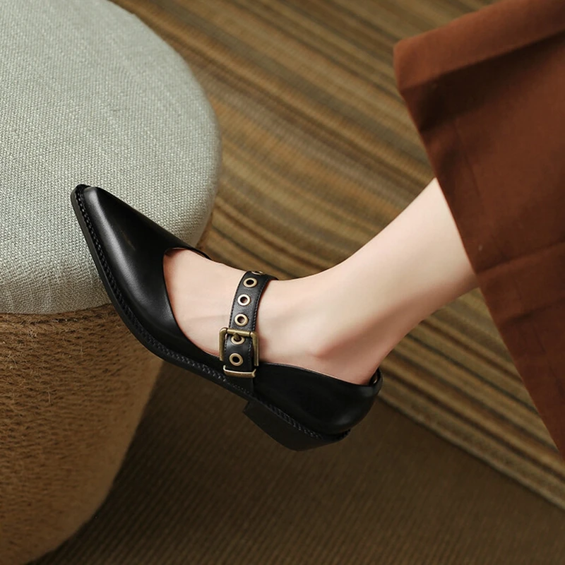 NEW Spring/Autumn Women Pumps Split Leather Shoes for Women Pointed Toe Chunky Shoes Mid-Heel Mary Janes Retro Belt Buckle Shoes