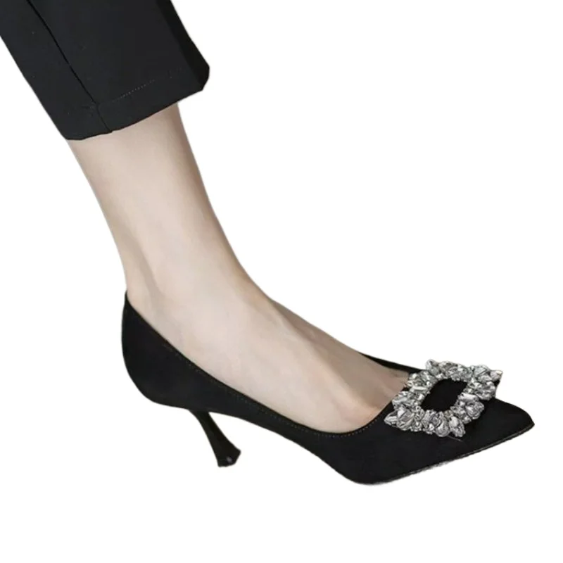 

Women Shoes Fashion Rhinestone Square Buckle Bridesmaid Wedding Shoes Solid Flock Pointed Toe Stiletto Pumps French High Heels