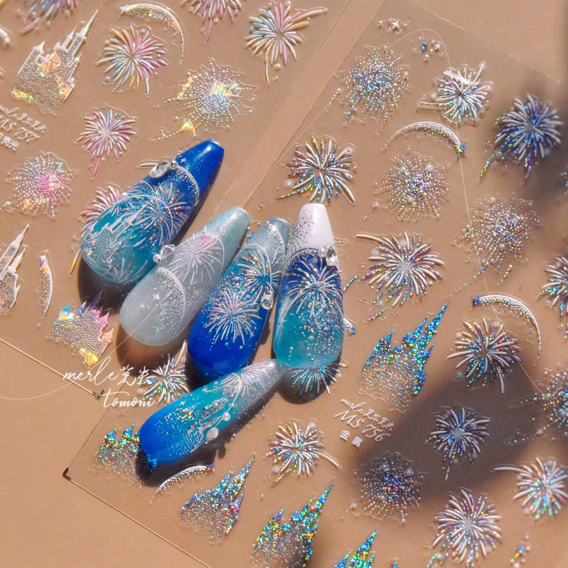 1pcs Shiny Fireworks Castle Nail Art Stickers 5D Shell Light Snowflake Self Adhesive Nails Sticker DIY New Year 2025 Deco Decals