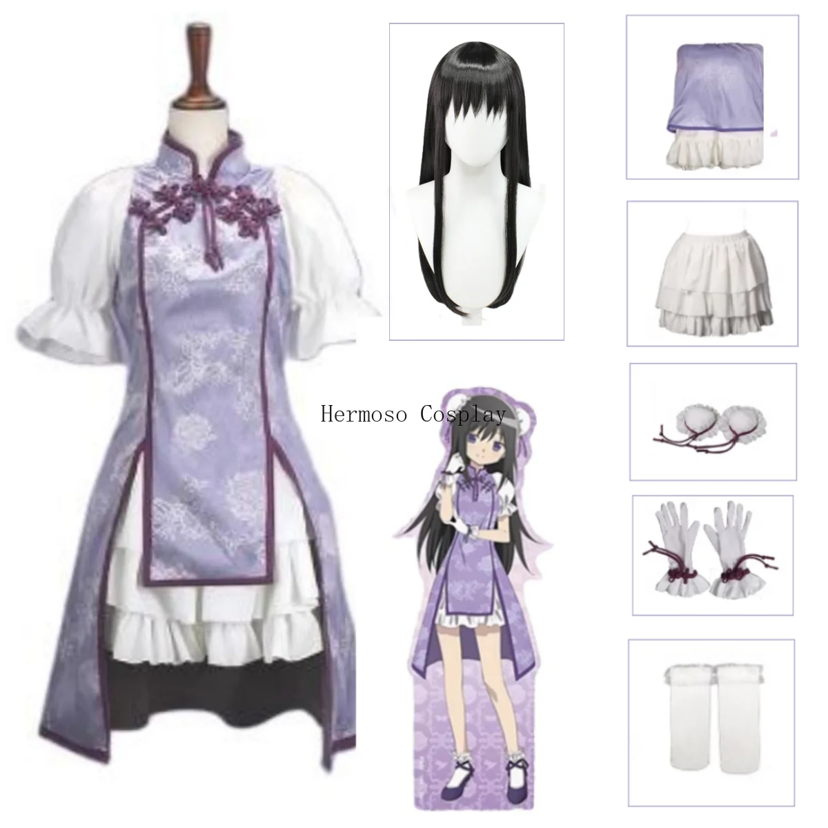 

Akemi Homura Cosplay Skirt Anime Magical Girl Puella Magi Cosplay Costume Lovely Cheongsam Wig Suit Halloween Costumes for Women