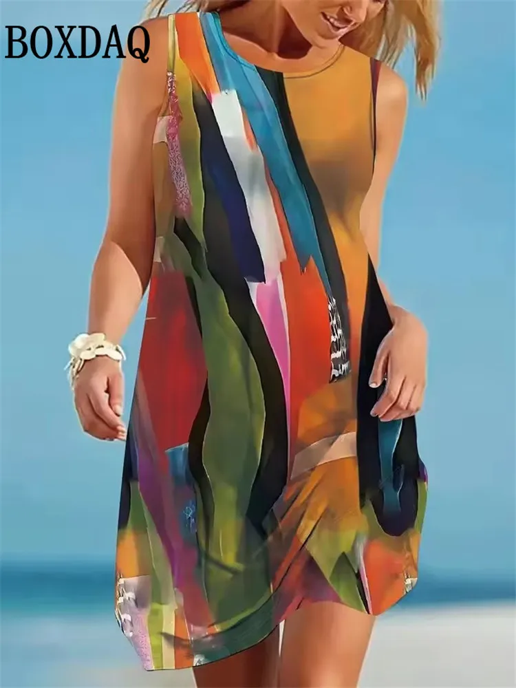 

Летнее повседневное пляжное платье-сарафан 2026 с 3D-принтом в полоску и эффектом тай-дай, свободное короткое платье без рукавов для женщин