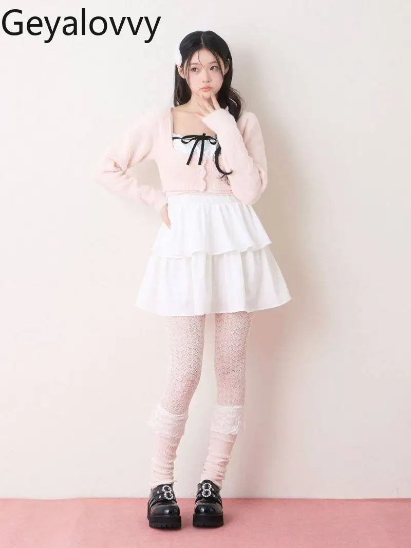 

2026 Spring New Sweet Cute Style High Waist Lace-up Ruffle Dress and Long Sleeve Cardigan Fashion Versatile Two-piece Set