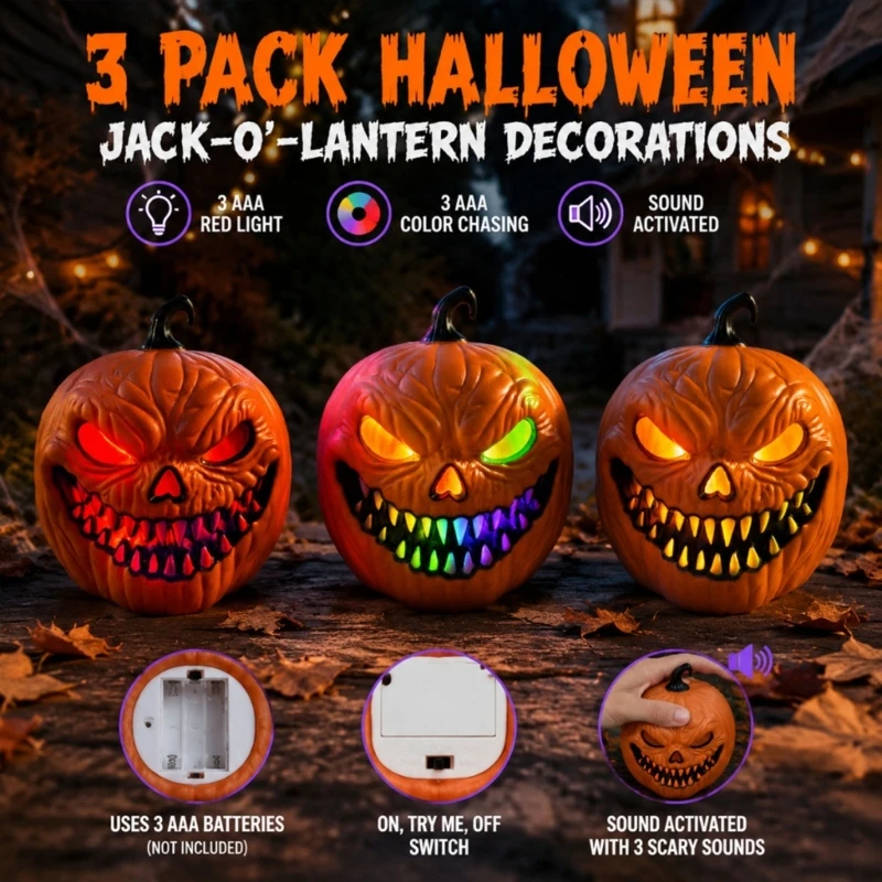 Halloween Pumpkin Light, Battery Operated Face Accent for Shelf, Entryway, Classroom, Party, and Shop Display Use 37JD