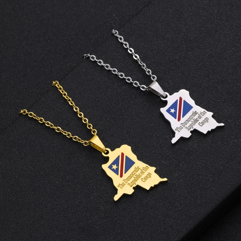 Fashion Africa Democratic Republic of the Congo Map Pendant Necklace Stianless Steel Men Women Congolese Ethnic Jewelry Gift