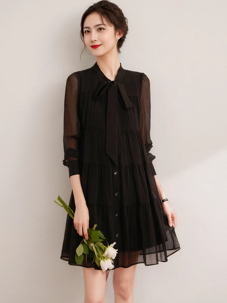 2025 New Black Chiffon Chic Bow Stand Collar Mini Dress Spring Summer Long Sleeve Bodycon Dress Women Elegant Casual Party Dress