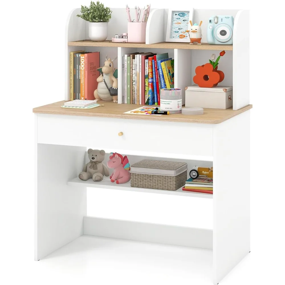 

White Kids Desk, Wooden Children School Study Table with Hutch, Pull-Out Drawer, Storage Shelves, Student Writing Desk Computer
