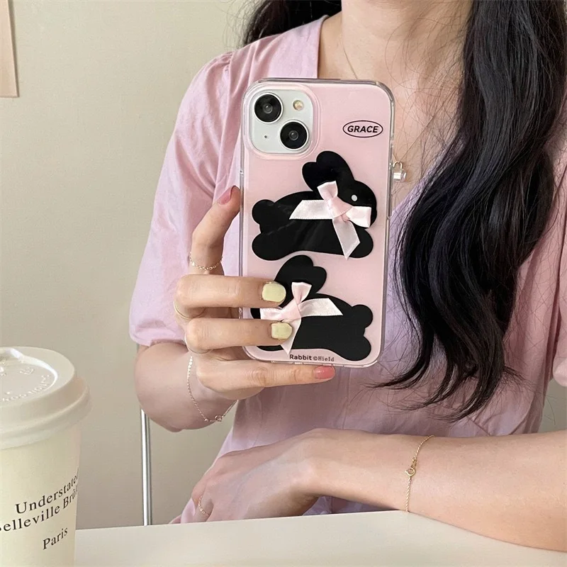 Pink cute bow bunny suitable for iPhone 15 Promax phone case 14 double layer 13 anti drop 12 protection 11 beautiful IMD fashion