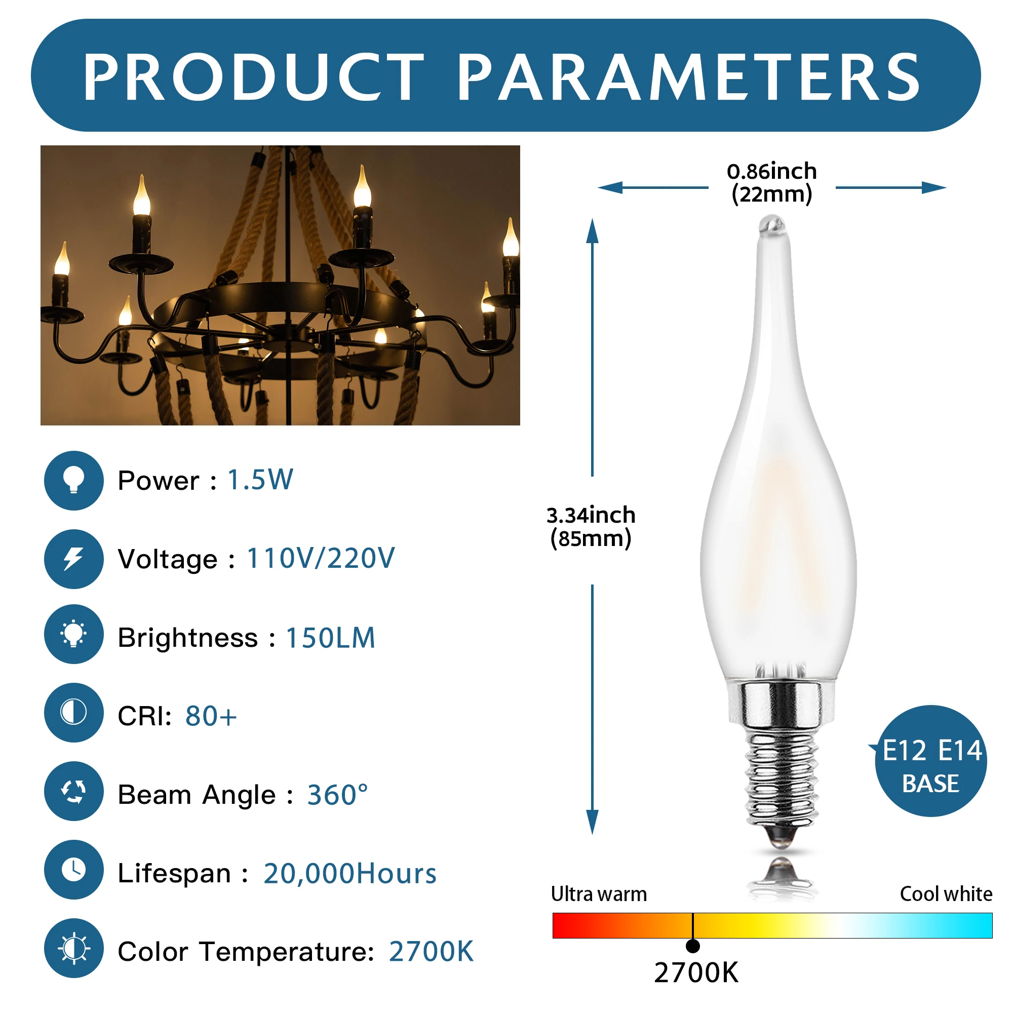 GANRILAND-bombillas de vela Led esmeriladas de 1,5 W, Base de candelabro E12 E14, blanco cálido, 2700K, Bombilla de decoración regulable para luz de