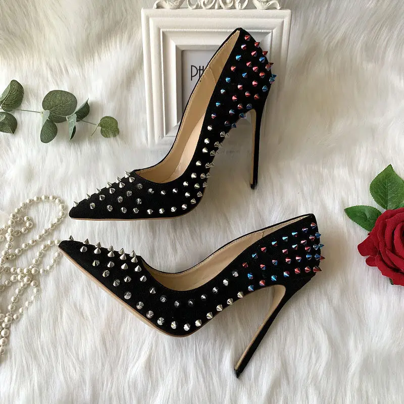 

European and American Foreign Trade Women's Shoes Colored Rivets Pointed Women's Thin Heels Sexy High Heels Single Shoes