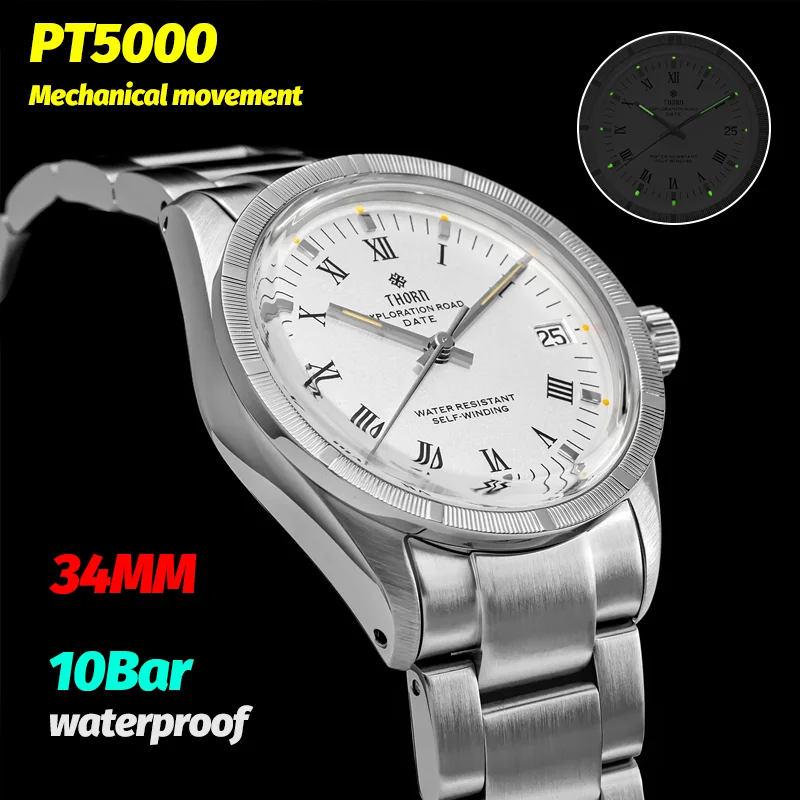 THORN T004 Luxury Mechanical Watch PT5000 Automatic Movement Sapphire Luminous 10Bar Waterproof Stainless 34Mm Vintage Watches