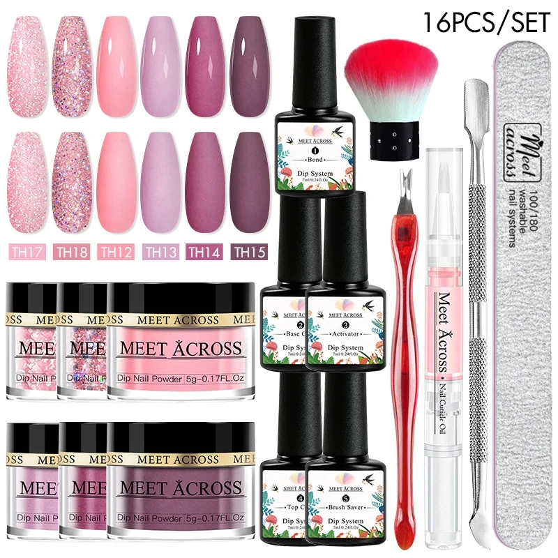 MEET ACROSS 5g/can Dipping Powder Starter Set With Dip System Liquid Kit Glitter Powder Dust Dip Powder Nails Kit For Manicure