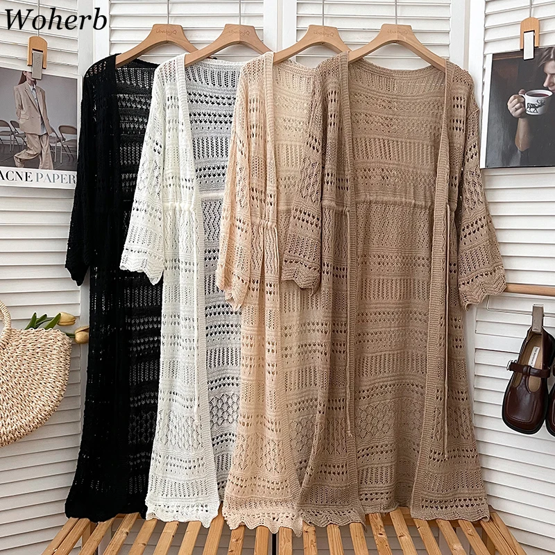 New Solid Summer Knitted Cardigan Long Sleeve Sweater Women Hollow Out Casual Bandage 2024 Loose Medium-long Cardigans Mujer