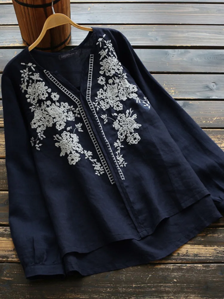 ZANZEA Cotton Embroidery Tunic 2024 Women Vintage Tops Retro Tops V Neck Blusas Chemises Holiday Blouses Long Sleeve Shirts