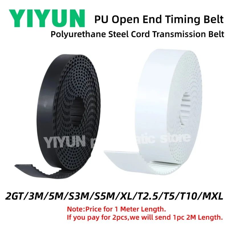 1M Length PU Open End Timing Belt 2GT/3M/5M/S3M/S5M/XL/MXL/T2.5/T5/T10 Polyurethane Steel Cord Transmission Belt Width 6-20mm