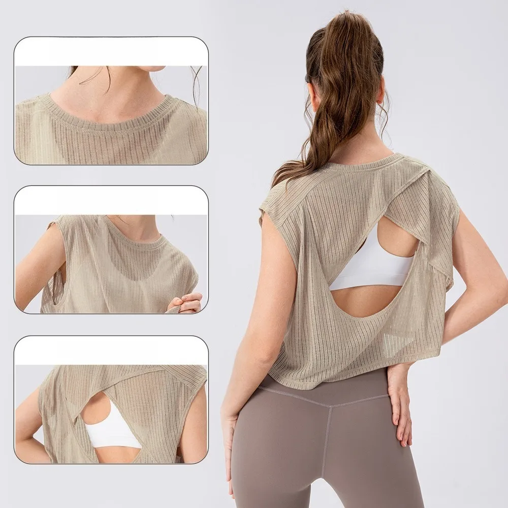 Women Hollow Out Sleeveless Yoga Cover Up Cropped Loose Fit Top Breathable Running Fitness Sports Shirt