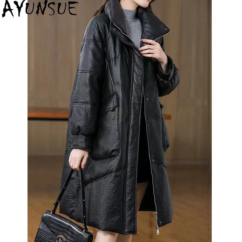 AYUNSUE Giacca in vera pelle da donna Trench di media lunghezza Cappotto in vera pelle di pecora Abbigliamento invernale da donna 90% Piumini d'anatra bianca