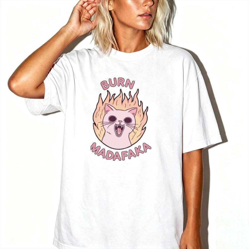 Funny Burning Angry Cat Meme Graphic T Shirt Women Cartoon Fire Cat Slogan Short Sleeve Crewneck Y2K Grunge Casual Street Tees