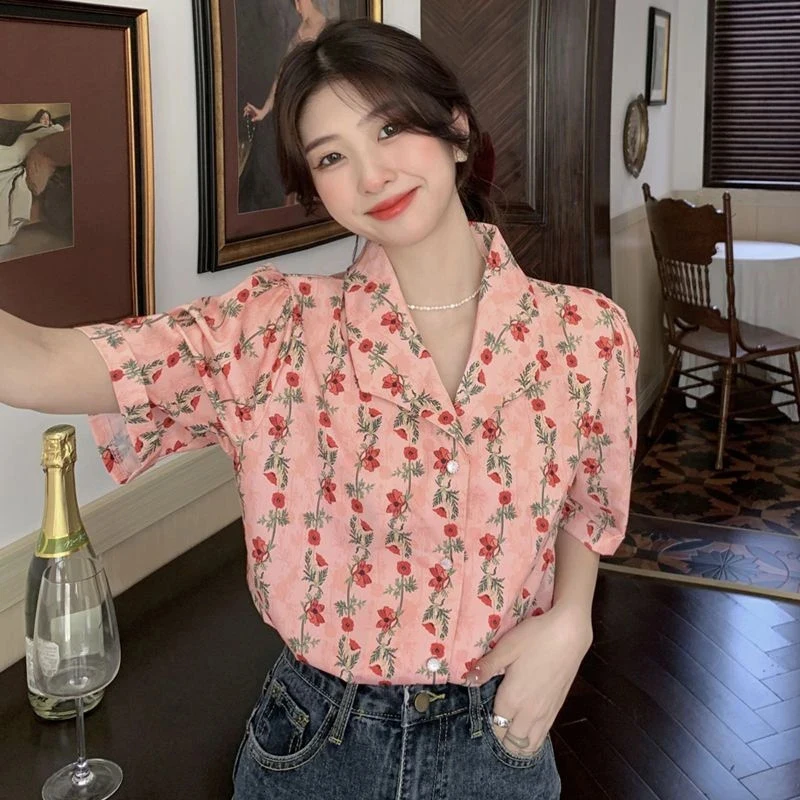 Vintage Shirts Women Sweet Elegant Floral Print Blouses Summer Retro Streetwear Harajuku Korean Loose Casual Cardigan Tops New