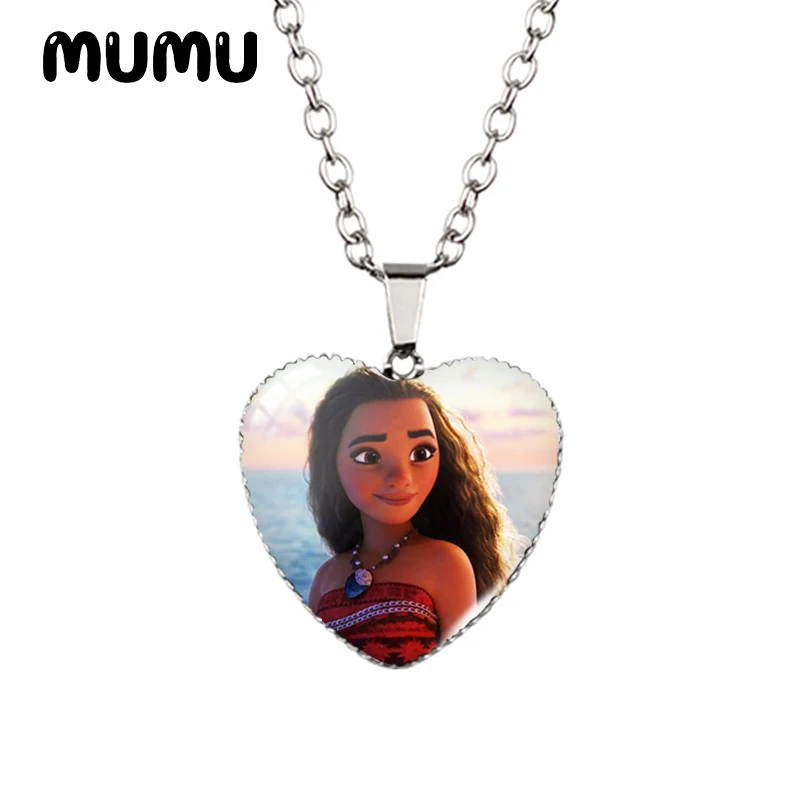 2024 New Princess Moana Heart Necklace Heihei Pua Glass Printed Photo Pendant Handmade Jewelry Gifts Children