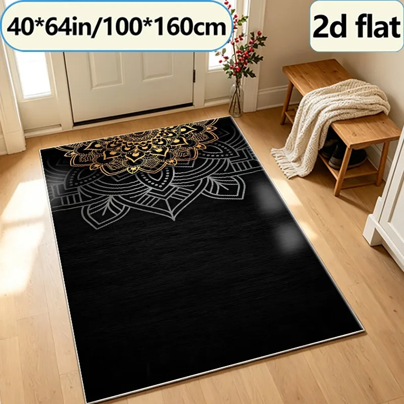 Black Background with Gold and Silver Mandala Pattern Carpet, Luxurious Bohemian Style Carpet, Suitable for Living Room, Bedroom, and Home Floor Decoration