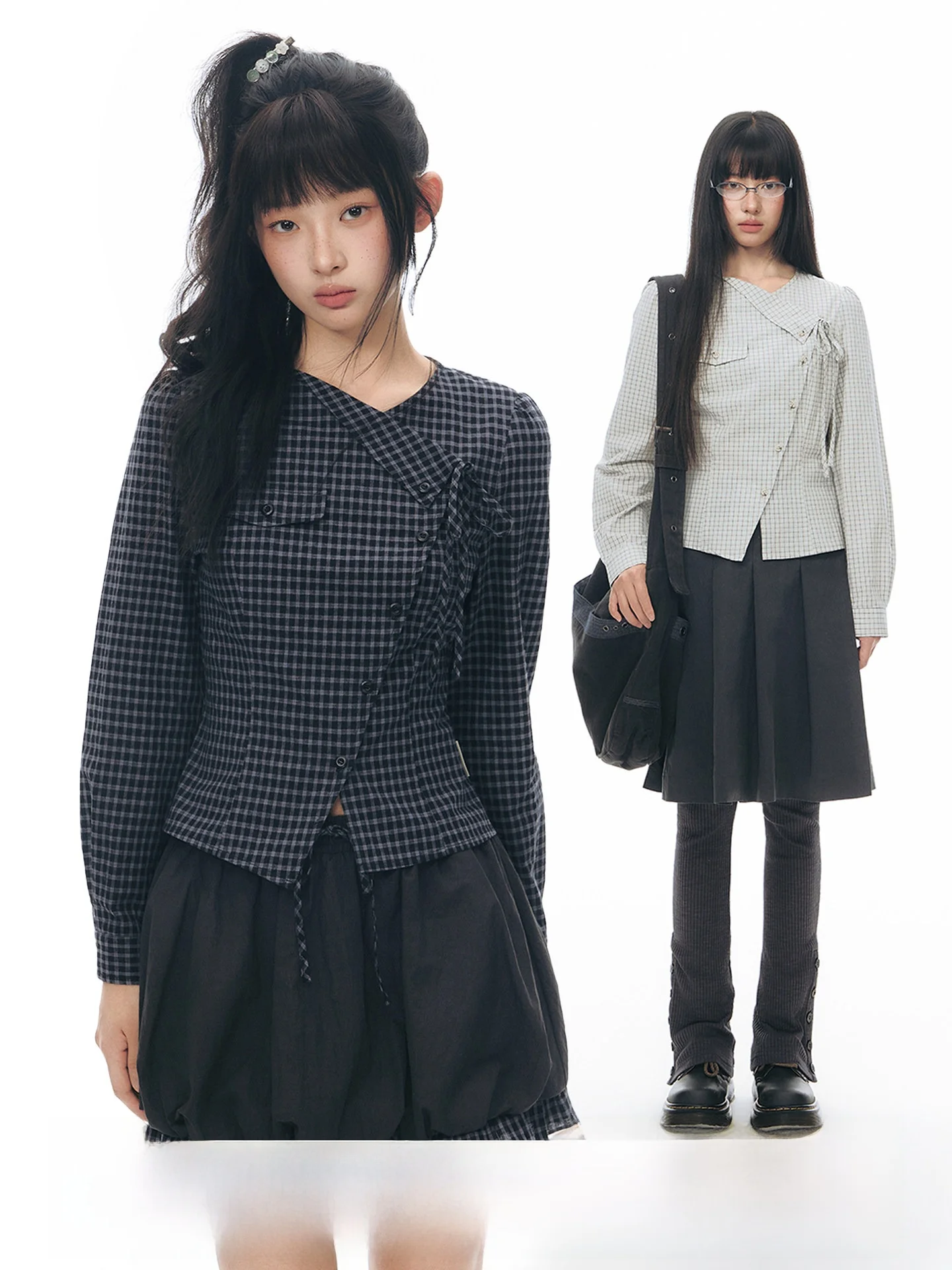 

NAPSNAPS Original Plaid irt Women's Slim Fit Spring New Sle Belted Bouffant Skirt Set Cotton Long Sve Button up irt