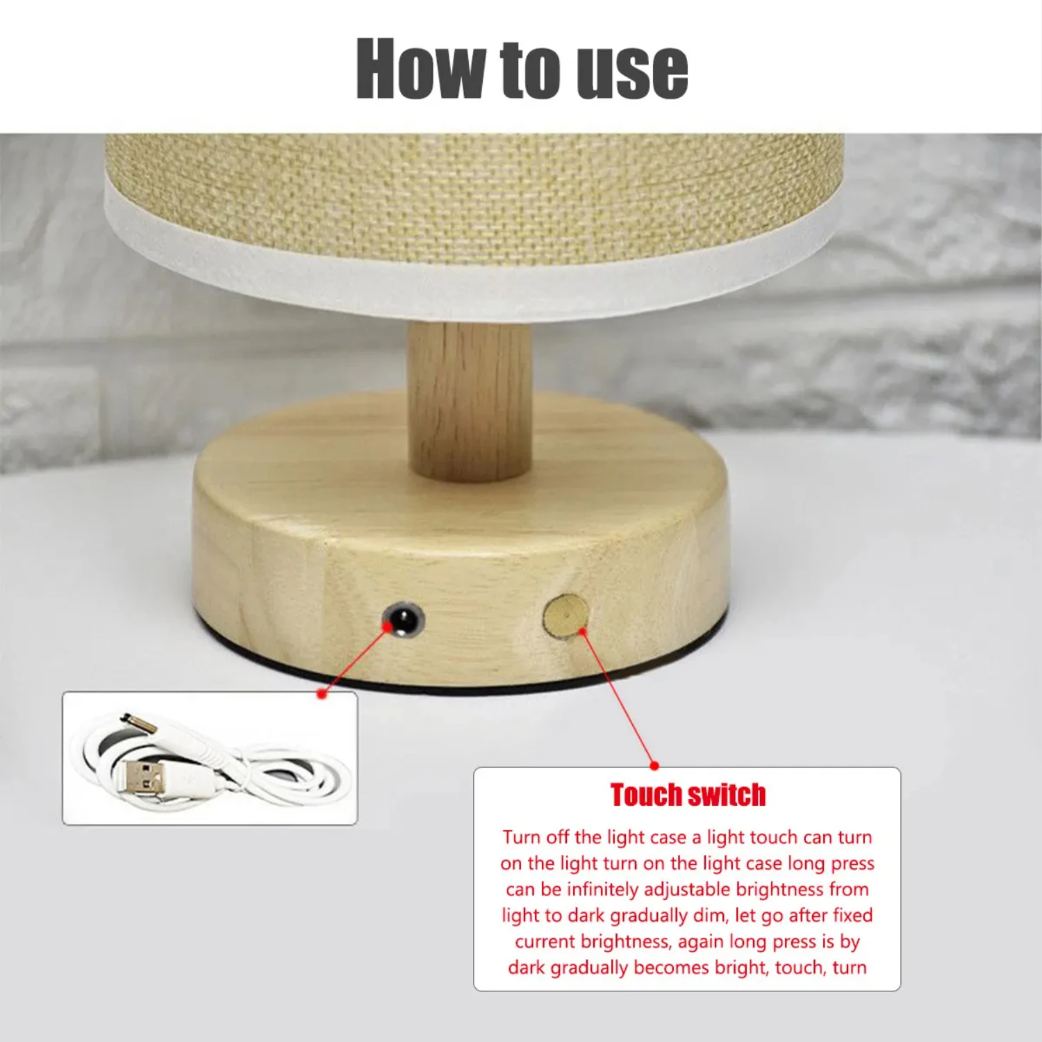 New Classical Table Lamp Wooden Bedside Lamp Night Light Eye Protection Rechargeable Desk Light W/ Cylinder Lamp Shade Bedroom D