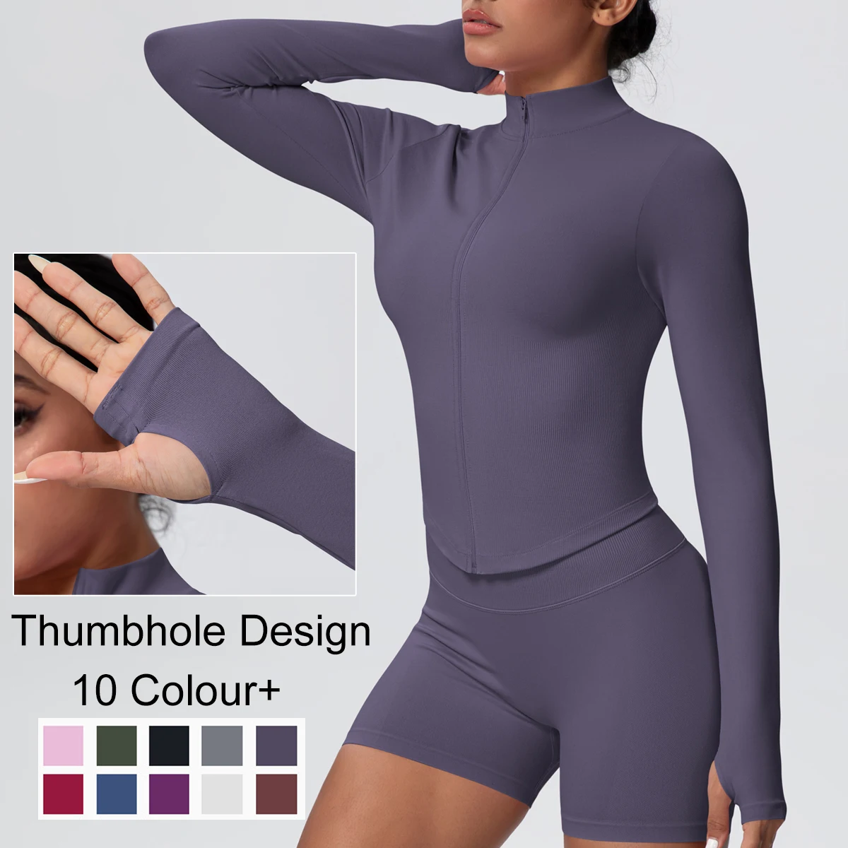 

Stand Collar Slim Casual Solid Color Yoga Zipper Long Sleeved Sports Running Quick Drying Fitness Yoga Coat Top Thumbhole Design