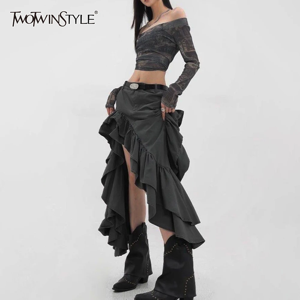 

TWOTWINSTYLE Solid Patchwork Folds Temperament Skirts For Women High Waist Spliced Ruffles Irregular Designer Skirt Female New