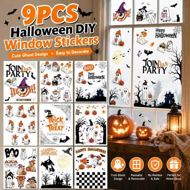 9PCS Halloween Window Clings, DIY PVC Door and Window Stickers for Home, Party and Seasonal Decor