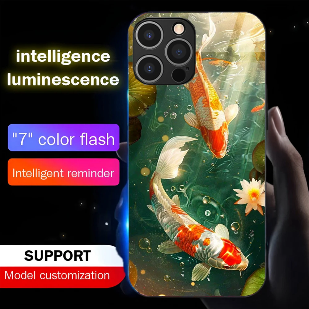 

2025 Lucky Koi Carp LED Calling Light Flash Phone Case Smart Luminous Cover For iPhone 16 E 15 14 13 12 11 Pro Max XR XS Plus