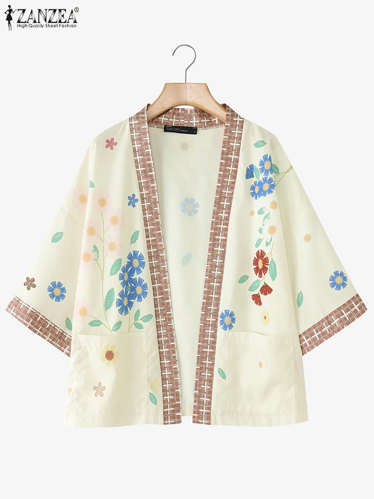 

ZANZEA, осенние женские кимоно в клетку с цветочным принтом, свободный повседневный кардиган с рукавами 3/4, топы с открытой передней частью, богемная повседневная одежда 3XL