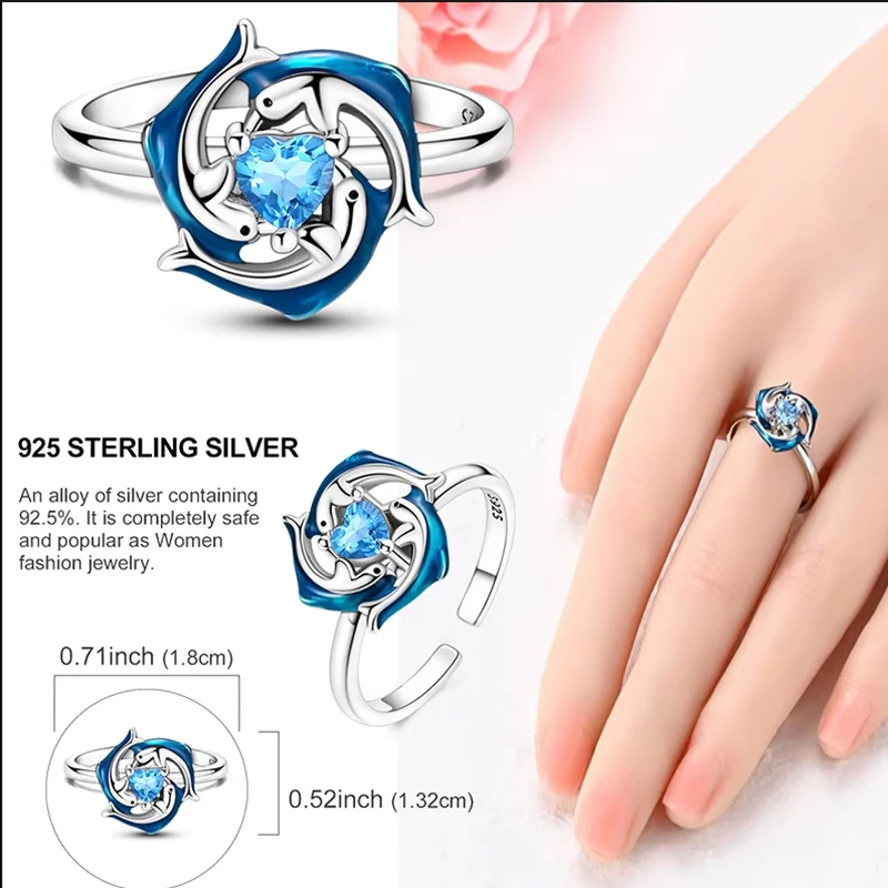 925 Sterling Silver Adjustable Open Ring Rotatable Dolphin Blue Zircon Ring for Women Wedding Anniversary Gift Jewelry 2026 New