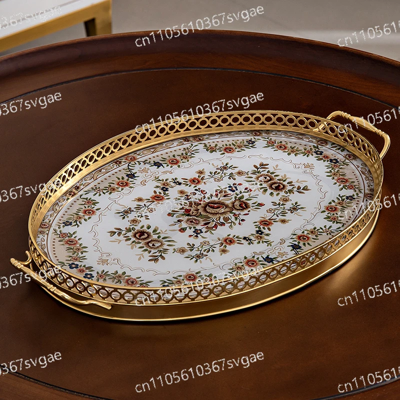 

Латунный поднос, элегантный поднос для фруктов и сухих продуктов, роскошная подставка для чашек и закусок в гостиную, поднос для хранения с ручкой.