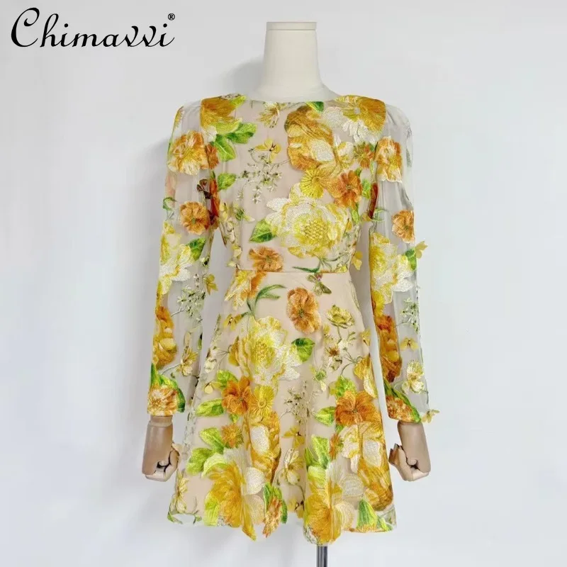 

2025 Spring and Summer New Models Back V-neck Retro Embroidery Yellow Flower Mesh Casual Short Dress For Women