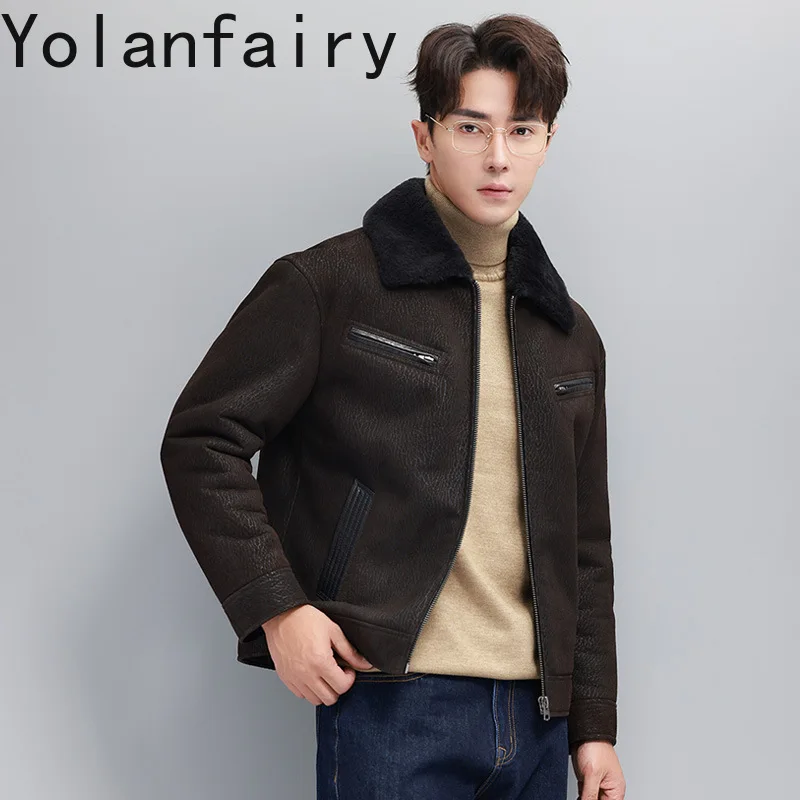 YOLANFAIRY 빈티지 패션 천연 모피 코트 남자 진짜 양가죽 가죽 모피 자켓 옷깃 겨울 새 스타일 따뜻한 모피 코트 jaqueta