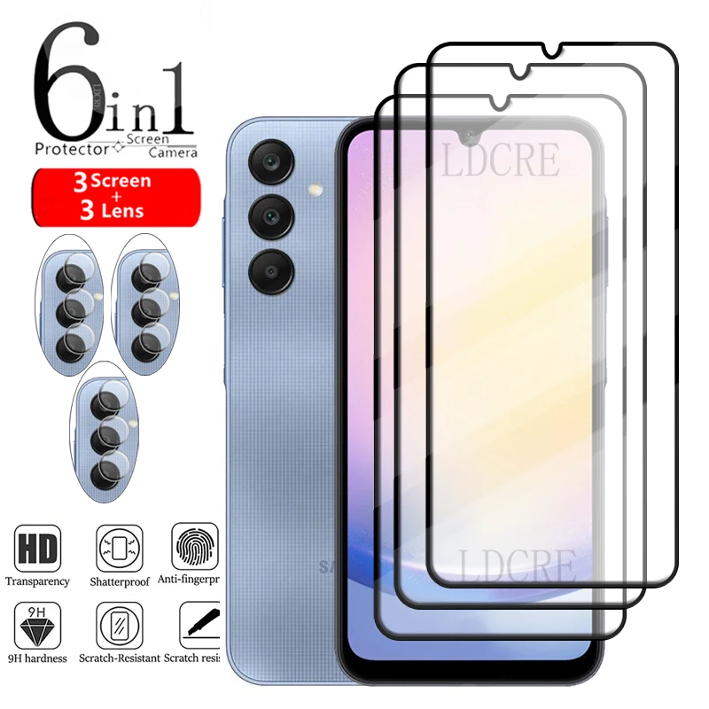 

6-in-1 For Samsung A25 Glass Samsung A25 Tempered Glass Full Glue 9H Screen Protector Samsung Galaxy A05 A05S A15 A25 Lens Glass